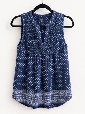 Lucky Brand Navy Blue Printed Smocked V-Neck Tank